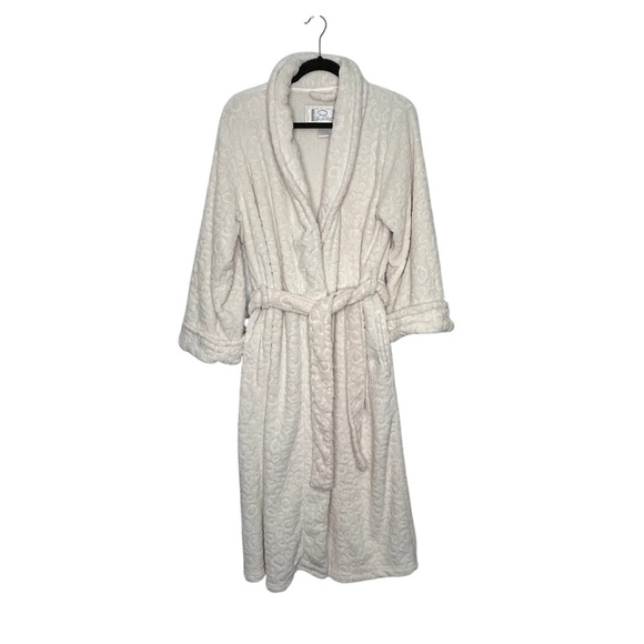 Oscar de la Renta Cream Plush Leopard Embossed Patterned Long Robe Sz L/XL